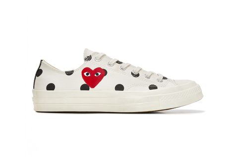 COMME des GARÇONS PLAY Updates the Converse Chuck Taylor All Star '70 With Polka Dots Comme Des Garcons Converse Low, Comme Des Garcons Play Converse, Comme Des Garcons Shoes, Converse 1970s, Cdg Converse, Play Converse, Comme Des Garcons Converse, Exclusive Sneakers, Shoes Canvas