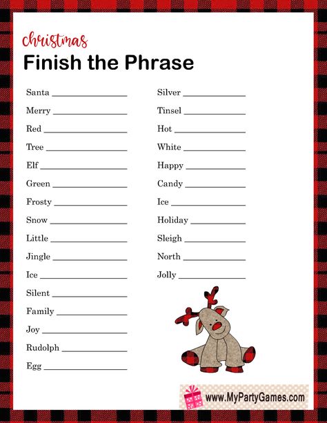 Christmas Finish My Phrase Free Printable, Christmas Games Paper Free Printable, Christmas Finish My Phrase Game, Christmas Word Games For Adults, Think Fast Christmas Game Free Printable, Fun Christmas Games For Family Free Printable, Finish My Phrase Christmas, Price Is Right Christmas Game, Christmas Free Printable Games