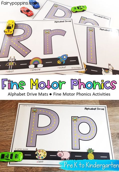 These fine motor activities are a fun addition to phonics centers. This set helps kids learn about beginning sounds and letter formation. Kids need to drive over each letter with a car and then drive along the road to identify words beginning with that letter sound. #finemotor #finemotoractivities #phonicsactivities #letteractivities #letterrecognition #alphabetactivities #beginningsounds #initialsounds #prek #kindergarten #preschool #literacy #specialeducation Phonics Activities Kindergarten Beginning Sounds, First Letter Of Your Name Activities, Letter Stations Kindergarten, Fine Motor Phonics Activities, Beginning Letter Sound Activities Preschool, Learn Letter Sounds, Letters And Sounds Activities Preschool, Letter Movement Activities, Letter Formation Activities Preschool