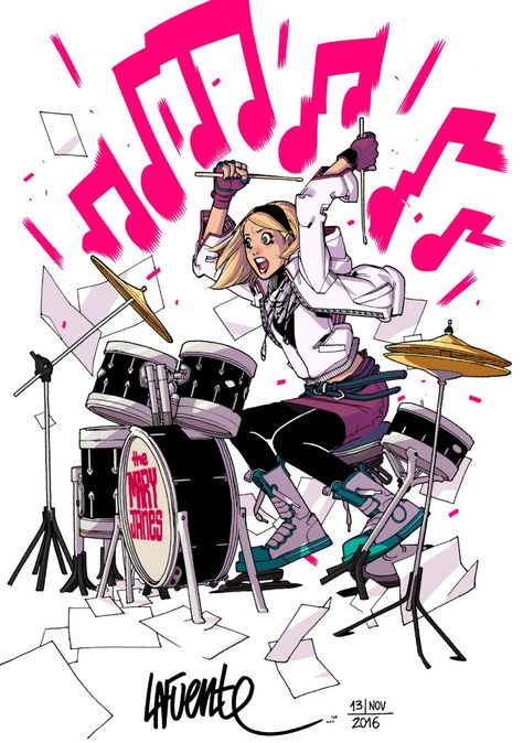 Spider-Gwen by David Lafuente, colours by Dima Imanov * Marvel Spider Gwen, Spider Girl, Gwen Stacy, Spider Gwen, Spiderman Art, Drum Set, Amazing Spider, Spider Verse, Marvel Dc Comics