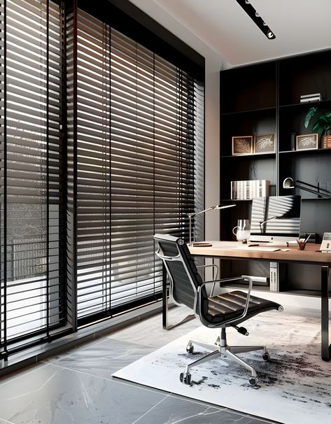 Black venetian blinds for a sophisticated home office. Black Blinds Office, Black Venetian Blinds, Roll Blinds, Commercial Blinds, Masculine Home Office, Black Blinds, Office Curtains, Office Blinds, White Blinds