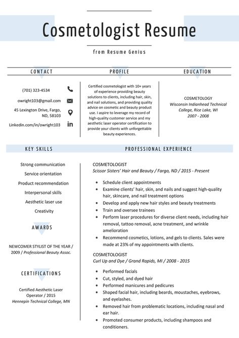 Cosmetologist Resume Sample & Writing Guide | Resume Genius Cosmetology Worksheets, Cosmetology Resume, Cosmetology School Outfits, Master Cosmetologist, Cosmetology State Board, Esthetician Resume, Chronological Resume Template, Beauty School Cosmetology, Quotes Rainbow