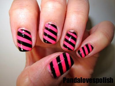 Pink and black! Toenail Polish Designs, Easy Nail Polish Designs, Nail Art Simple, Pink Nail Art Designs, Kids Nail Polish, Cute Nail Polish, Beautiful Nail Polish, Pretty Nail Polish, Fingernail Designs