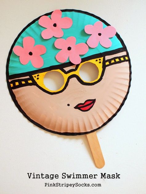 Summer Paper Plate Crafts. Would be a good idea for masks, easier than than just working with paper. The plates would cut time. Paper Plate Masks, Vintage Swimmer, Paper Plate Art, Paper Plate Crafts For Kids, Masks Crafts, Summer Craft, Paper Plate Crafts, Plate Crafts, Camping Crafts