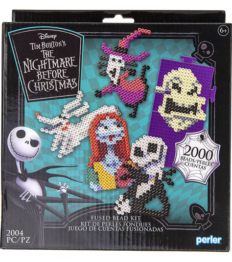 You're in for a scary good time when you make these fan - favorite characters from Tim Burton's The Nightmare Before Christmas Make 7 projects with this fun fused bead kit from Perler Perler beads are great for promoting fine motor skills, color recognition, and imaginative play Designed for ages 6 and up © Disney wwwdisneycom/thenightmarebeforechristmas Kit contains 2000 beads, 2 pegboards (small interlocking squares), pattern sheet with instructions, and ironing paper Ironing to be done by an Peg Boards, Christmas Perler Beads, Crochet Graphs, Pattern Sheet, 3d Perler Bead, Beaded Boxes, Melting Beads, Craft Activity, Bead Ideas