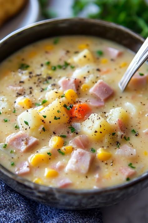 Ham and Corn Chowder is the ideal soup—it's simple to prepare, wonderfully rich and creamy, and a universal favorite! My family consistently opts for a juicy Honey Baked Ham for our holiday meals, although I have a soft spot for a classic roast turkey with stuffing. However, majority rules! I always prepare an extra-large ham Ham And Potato Corn Chowder, Ham And Corn Chowder, Corn Chowder Crockpot, Corn Chowder With Ham, Turkey With Stuffing, Potato And Corn Chowder, Crockpot Ham And Potatoes, Ham Chowder, Ham Soup Recipes