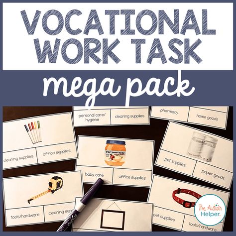 100% of proceeds from this resource go to Will's Place, a non-profit sandwich shop in Skokie, Illinois that provides meaningful employment and vocational training opportunities to adults with disabilities. Elevate your classroom with our set of 25 engaging Vocational Skills-themed work tasks, designed for special education teachers and parents of autistic students. These versatile tasks serve as both effective teaching tools and independent work activities, promoting a structured learning environment. These tasks feature primarily real and realistic photos and every day examples.Our resource provides comprehensive instructions, visuals, labels, and setup directions for 25 work tasks. These activities encompass a wide spectrum of skill levels and vocational skills including grocery and reta Functional Literacy, Skokie Illinois, Vocational Tasks, Vocational Skills, Social Studies Unit, Realistic Photos, Speech Path, Sandwich Shop, Work Task