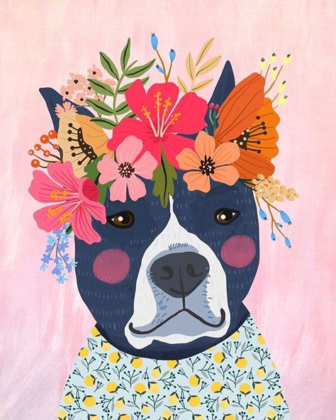 Mia Charro 🌺 (@miacharro) #dogillustration #doglovers #floralcrown Dog With Flowers, Human Portrait, Native American Legends, Pitbull Art, Painting Pastel, 강아지 그림, Nordic Poster, Portrait Paintings, Dog Painting