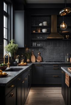 Black Kitchen Cabinets Gray Countertops, Modern Kitchen Gray Cabinets, Colored Cabinets With Black Granite, Charcoal Kitchen Ideas, Kitchen Inspirations Dark Cabinets, Modern Black Kitchen Cabinets, Rustic Black Kitchen Cabinets, Painted Black Kitchen Cabinets, Black Counter Kitchen