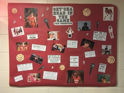 A fun, High School Musical themed board to start the semester off right! High School Musical Bulletin Board Ideas, High School Musical Bulletin Boards, High School Musical Themed Party, Ra Dorm Floor Themes, Music Themed Ra Bulletin Boards, School Event Poster, Disney Music Bulletin Boards, Ra Bulletin Boards New Semester, Dorm Bulletin Boards