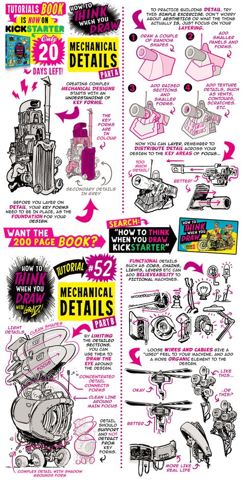 How to draw MECHANICAL DETAILS - KICKSTARTER BOOK! by EtheringtonBrothers on DeviantArt Comic Tutorial, How To Think, Arte Sketchbook, Guided Drawing, Mechanical Design, Drawing Lessons, Art Tips, Drawing Tips, Drawing Techniques