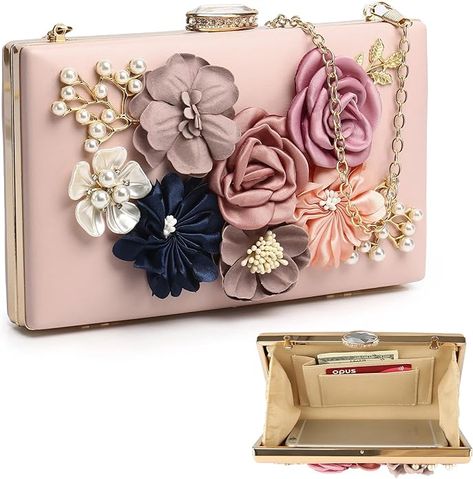 Floral Clutch Purses For Women, Flower Wedding Purse With Roses Clach, Evening Bride Clutch Bag: Handbags: Amazon.com Gold Wine, Flower Handbag, Bridal Purse, Party Handbags, Pearl Accessories, Floral Clutches, Wedding Purse, Satin Flowers, Evening Handbag