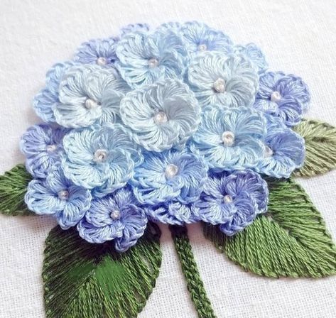 Blue Hydrangea Embroidery, Embroidery Hydrangea Flower, Hortensia Embroidery, Hydrangea Embroidery Pattern, Embroidery Hydrangea, Blue Embroidery Flowers, Hydrangea Embroidery, Bordados Tambour, Hand Embroidery Patterns Flowers