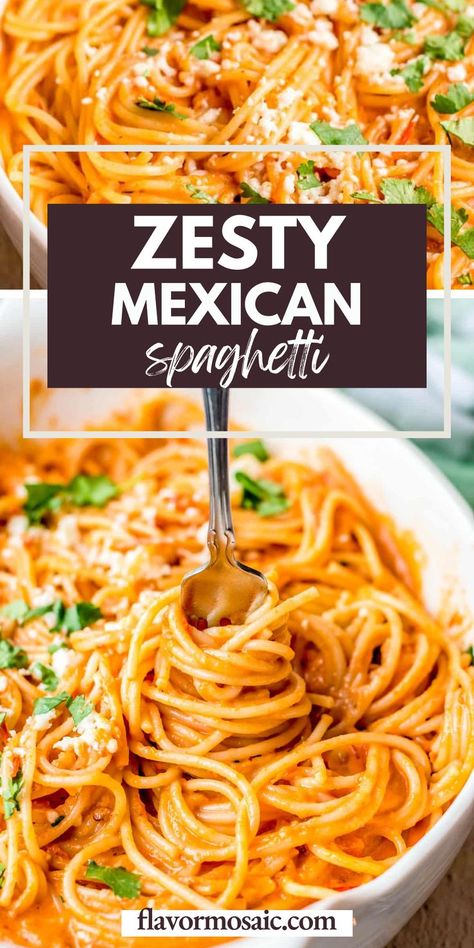 This zesty Mexican spaghetti is a delicious pasta coated in a chipotle sauce. Spaghetti noodles are cooked in water flavored with onion, garlic, bay leaves, and chicken bouillon.The spaghetti is then covered in a creamy, spicy spaghetti sauce made with tomatoes and chipotle peppers in adobo sauce. Click through for all the details. Sauce For Spaghetti Noodles, Mexican Spagetti Recipe, Creamy Mexican Spaghetti, Mexican Red Spaghetti, Whole Wheat Spaghetti Recipe, Mexican Speggetti Recipes, Chipotle Spaghetti Recipes, Spanish Spaghetti Recipes, Mexican Noodles Pasta