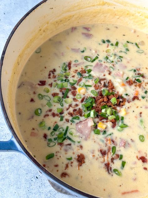 Simple Creamy Ham and Potato Corn Chowder Corn And Ham Chowder Recipe, Ham And Corn Soup, Ham Chowder Soup, Ham And Potato Chowder, Ham And Potato Corn Chowder, Ham Chowder Recipe, Corn Chowder With Ham, Healthy Ham, Ham Chowder