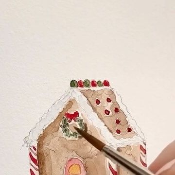 Emily Lex on Instagram: "Painting a gingerbread house. This cutie is featured on the cover of the Christmas watercolor workbook and you can paint along with me inside the book! (p.s. for the white, I used white gauche - you could also use a white gel pen). #elstudio #watercolor #watercolorwednesday #gingerbreadhouse" Gingerbread House Watercolor Painting, Christmas House Watercolor, Watercolor Gingerbread Man, Gingerbread House Watercolor, Watercolor Gingerbread House, Gingerbread House Painting, Watercolor Workbook, Gingerbread House Illustration, Christmas Watercolor Paintings