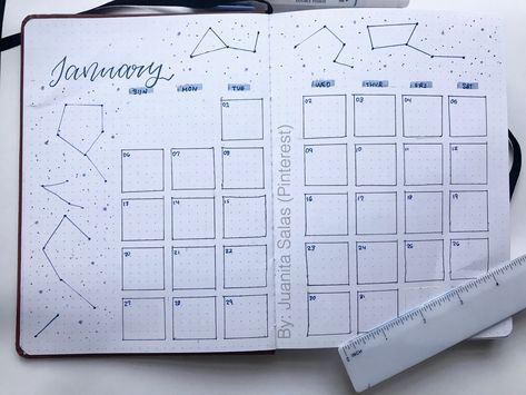 Bujo Constellation Theme, Bujo Stars Theme, January Bullet Journal Calendar, Calendar Bujo, January Spread, January Bujo, April Bujo, Bullet Journal Calendrier, April Bullet Journal