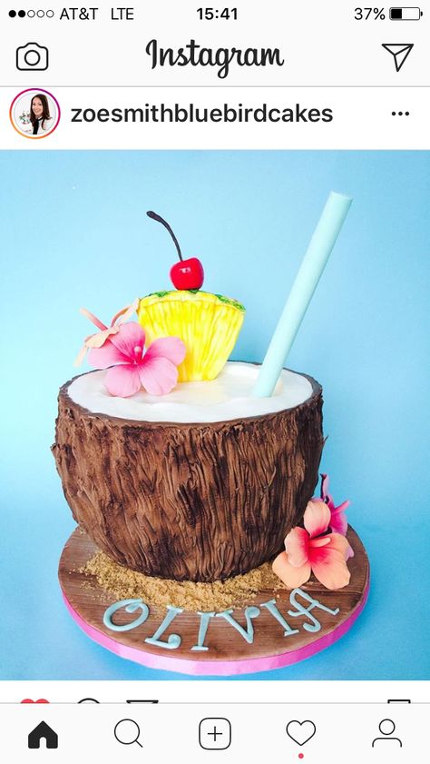 Coconut Shaped Cake, Tropical Theme Cake Simple, Tropical Island Cake, Malibu Cake Ideas, Island Theme Cake, Summer Themed Cakes, Summer Theme Cake, Summer Cake Designs, Moana Birthday Party Cake