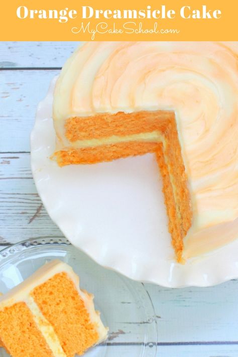 The BEST homemade Orange Dreamsicle Cake with moist orange cake layers, orange cream filling, and orange cream cheese frosting! From MyCakeSchool.com's Cake Recipes section! Orange Cream Filling, Orange Dreamsicle Cake Recipe, Dreamsicle Cake Recipe, Orange Dreamsicle Cake, Dreamsicle Cake, Moist Orange Cake, Orange Cream Cheese Frosting, Creamsicle Cake, Orange Cream Cheese