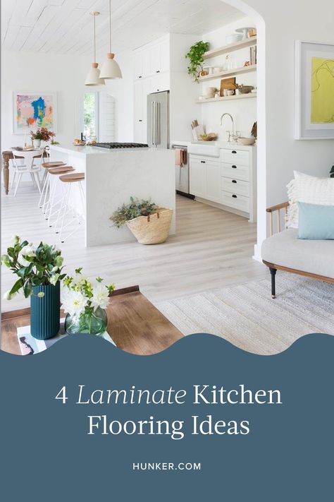 Here's what you should know about laminate kitchen flooring before you get started. #hunkerhome #laminate #laminatekitchenflooring #kitchenflooringideas Kitchen With Laminate Flooring, Kitchen Laminate Flooring, Laminate Kitchen Flooring, Kitchen Floor Inspiration, Wide Plank Laminate Flooring, Kitchen Laminate, Kitchen Flooring Ideas, Laminate Flooring In Kitchen, Laminate Tile Flooring