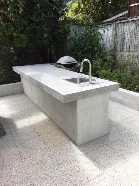 Outdoor Concrete Bar Ideas, Outdoor Kitchen Stone, Outdoor Bar Concrete, Black Concrete Outdoor Kitchen, Concrete Built In Bbq, Polished Concrete Outdoor Kitchen, Outdoor Concrete Countertops Grill Area, Narrow Backyard Ideas, Concrete Outdoor Kitchen Overstock