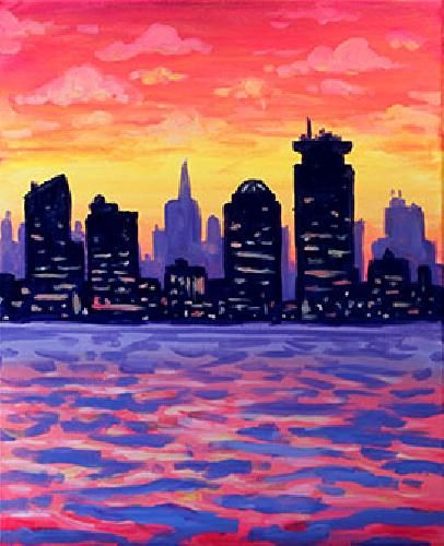 Paint Nite Boston Sunset painting Boston Skyline Painting, Boston Sunset, Aloft Hotel, Crayon Painting, 7th Grade Art, Harvard Square, Cocktail Lounge, Paint Nite, Canvas Painting Tutorials