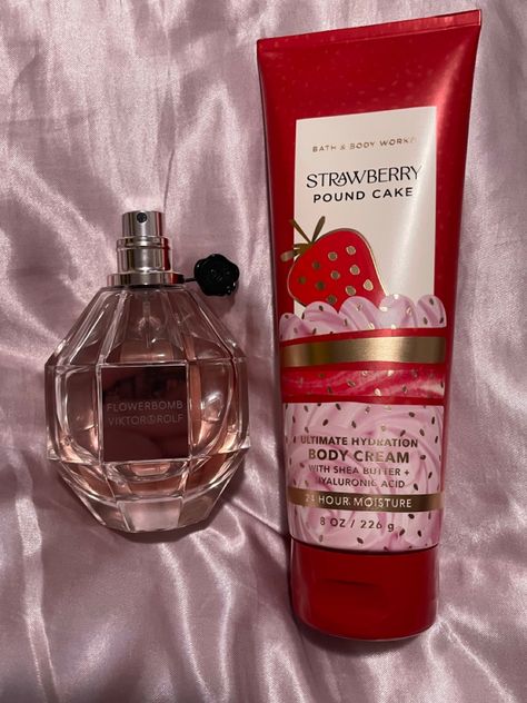 Strawberry And Vanilla Perfume, How To Smell Like Strawberry Pound Cake, Strawberry Pound Cake Aesthetic, Strawberry Vanilla Perfume, Strawberry Scented Products, Layer Fragrance, Strawberry Pound Cake Perfume, Strawberry Cosmetics, Strawberry Perfume