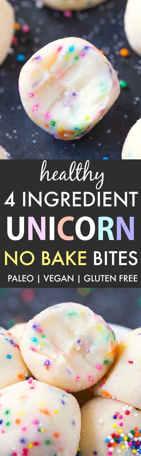 Healthy No Bake Unicorn Bites (V, GF, DF, P)- 4-Ingredient no bake bites inspired by the unicorn frappuccino- Ready in 5 minutes! {vegan, gluten free, paleo recipe}- thebigmansworld.com #unicorn #nobake #backtoschool #paleo #vegan #glutenfree No Bake Bites, Unicorn Frappuccino, Healthy No Bake, Diy Easy Recipes, Healthy Paleo Recipes, Paleo Recipe, Paleo Vegan, 4 Ingredient, Vegan Sweets