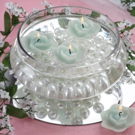 Water Wedding Centerpieces, Ivory Wedding Decorations, White Candles Wedding, Candle Centerpieces Wedding, Turquoise Wedding Decorations, Christmas Light Decorations, Floating Flower Candles, Jar Candle Holders, Floating Candle Centerpieces Wedding