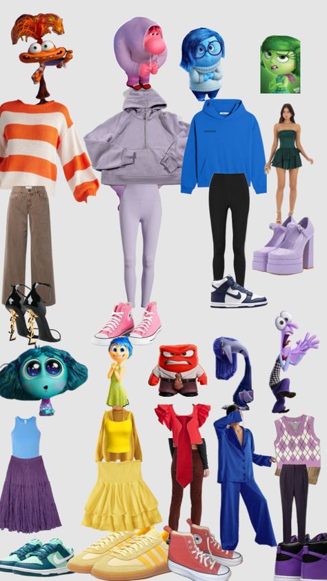 #ilmioprimoshuffle #myfirstshuffle Inside Out Themed Outfits, Dress Up Disney Characters, Inside Out Family Costume Halloween, Diy Inside Out Halloween Costumes, Cartoon Dress Up, Halloween Costumes Inside Out, Embarrassment Inside Out Outfit, Diy Inside Out Decorations, Inside Out Dress Up