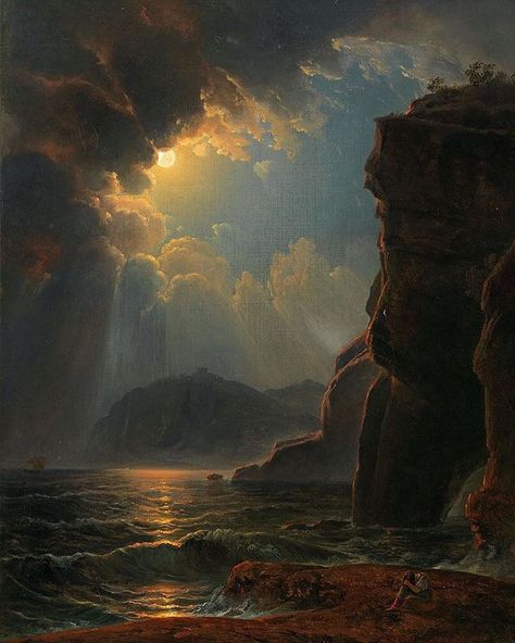 Rocky Coast, Istoria Artei, Moonlight Painting, Aesthetic Painting, Ethereal Art, Classical Art, Fantasy Landscape, 귀여운 동물, Pretty Art