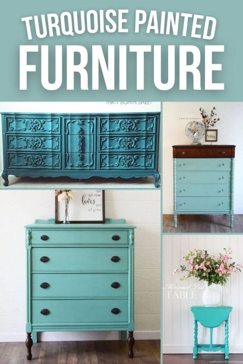 Turquoise Painted Furniture Turquoise Chalk Paint Furniture, Aqua Painted Furniture, Distressed Bedroom Furniture, Painted French Provincial Dresser, Teal Painted Furniture, Turquoise Painted Furniture, Best Paint For Wood, Turquoise Dresser, Yellow Painted Furniture