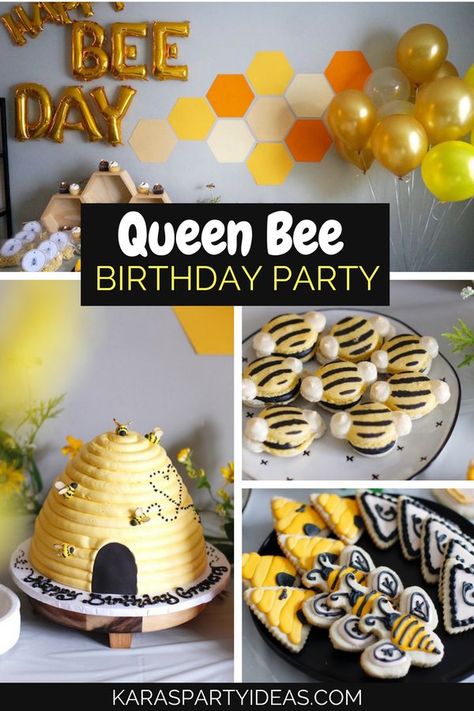 Hear the buzz, but run from the sting, this Queen Bee Birthday Party is full of zing! Styled by Christi Witt out of Columbus/ OH/ USA; this adorable first birthday bash is drizzling with details as sweet as honey! Some of which, include: Beehive Birthday Cake Honeycomb Backdrop Happy "Bee" Day Balloon Banner Honey Bee- Queen Bee Birthday Party, Queen Bee Birthday, Bee Birthday Theme, Bee Themed Birthday Party, Bee Theme Party, Bee Birthday Party, Girls Birthday Party Themes, Bee Party, First Birthday Party Themes