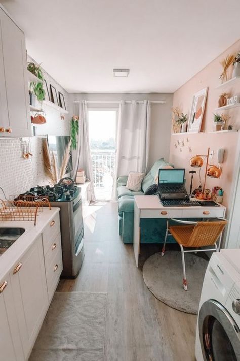 Small Studio Room Decor, 500 Sqft Apartment Ideas, 200ft Studio Apartment, Studio Apartment Ideas With Kitchen, Small Studio Apartment Ideas 500 Sq Ft, Small Studio Setup Ideas, 400 Sq Ft Studio Decorating, Studio Apartment Decorating On A Budget Small Spaces, Small Studio Inspiration