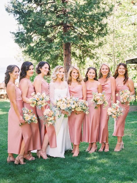 Bride and bridesmaids portrait | Blush slip bridesmaid dress Asian Bridesmaid Dresses, Bridesmaid Colours, Slip Bridesmaids Dresses, Pale Pink Bridesmaid Dresses, Lake Tahoe Wedding Venues, Light Pink Bridesmaids, Light Pink Bridesmaid Dresses, Northern California Wedding Venues, Pink Ideas