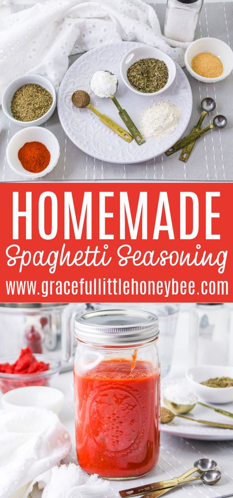 This homemade spaghetti seasoning recipe is the perfect blend of Italian flavors that will add just the right touch to your spaghetti or marinara sauce. Find full recipe details at gracefullittlehoneybee.com Spaghetti Seasoning Recipe, Spaghetti Seasoning, Pasta Sauce Seasoning, Pantry Basics, Freezer Cooking Recipes, Seasoning Recipe, Homemade Spaghetti, Homemade Seasonings, Freezer Cooking