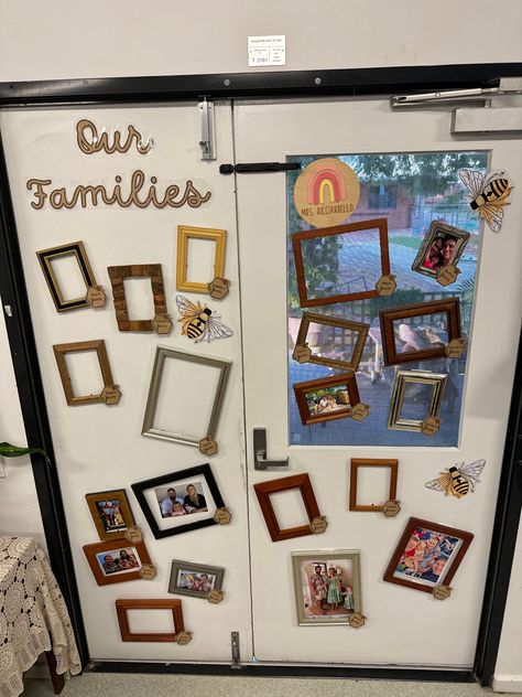 Family photo display, families, kindergarten Family Pictures Preschool Display, Family Photos Preschool Display, Preschool Family Board Ideas, Family Photo Wall Preschool Classroom, Family Display Eyfs, Family Photos In Classroom, Preschool Classroom Art Display, Family Wall For Classroom, Family Board Ideas Classroom Preschool