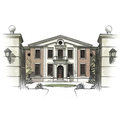 Mansion Sketch, Gatsby Poster, Mansion Drawing, Gatsby House, Simple House Drawing, Old Money House, Neoclassical House, Big Mansions, Houses Mansions