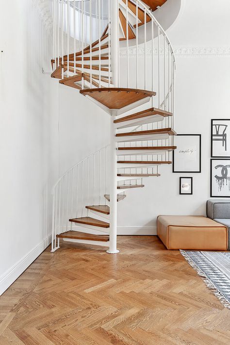 Skeppargatan by Scandinavian Homes Scandinavian Staircase, Staircase Metal, Steel Stair Railing, Spiral Stairs Design, Parquet Floor, Stair Railing Design, Steel Stairs, Attic Spaces, Spiral Stairs