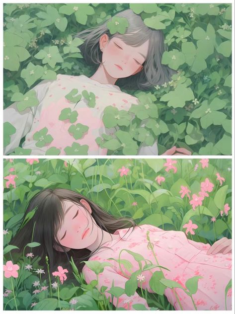 Lying In Grass Drawing, Dreamy Digital Art, Anime Lying Down Pose, Lying Down Pose Reference, Cartoon Grass, Grass Drawing, Idea Illustration, Scene Drawing, Dreamy Artwork