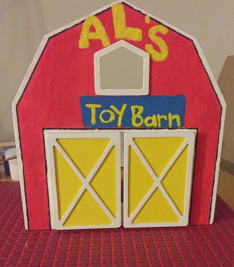 I made "Al's toy barn" from Toy Story with the John Deere farm kit that I bought at Joann fabrics. Toy Story Cardboard Diy, Dollar Tree Toy Story Diy, Sunnyside Daycare Toy Story, Toy Story Wagon Ideas, Toy Story Cardboard Town, Toy Story Yard Decorations, Toy Story Props, Toy Story Halloween Decorations, Toy Story Diy Decorations