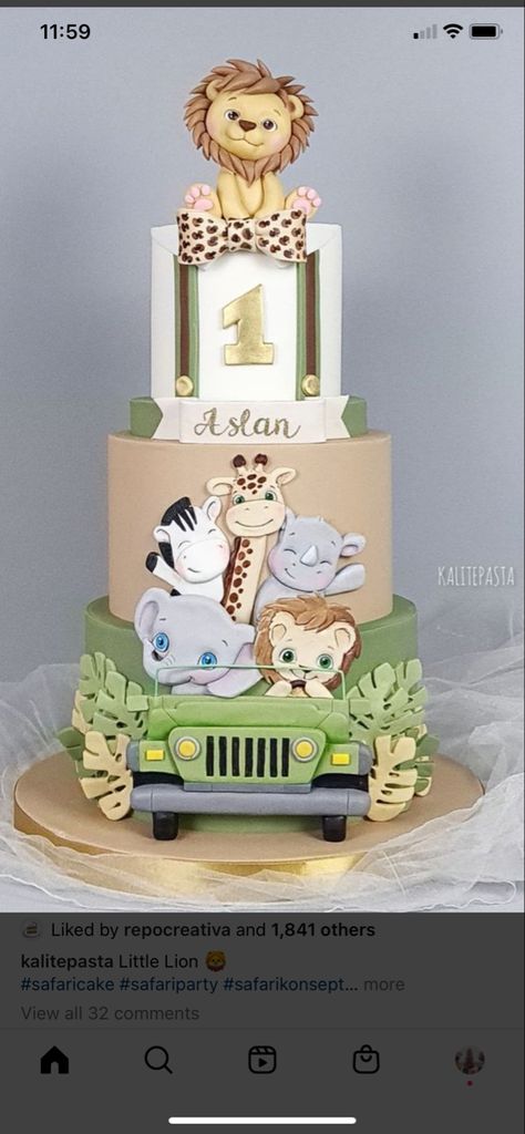 Lion Baby Shower Cake, Bolo Fake Safari, Jungle Safari Cake, Jungle Birthday Cakes, Safari Birthday Party Decorations, Jungle Theme Cakes, Boys First Birthday Cake, Safari Cake, Boys 1st Birthday Cake