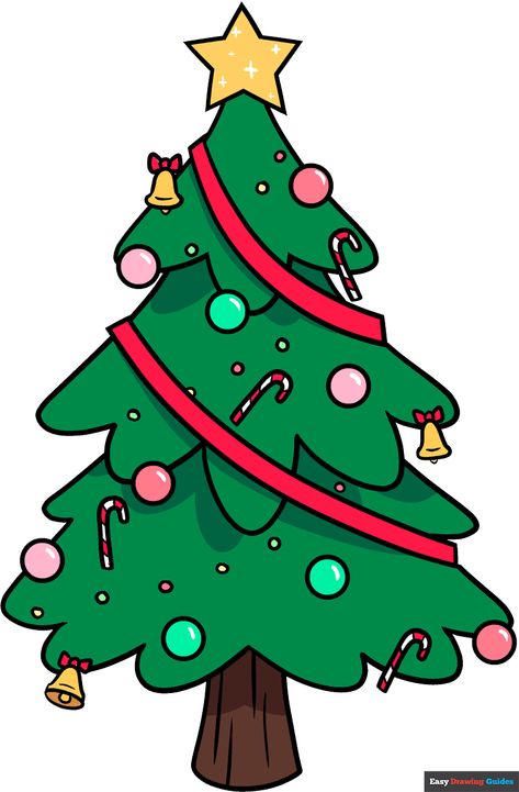 Christmas Trees Drawing Easy, Cartoon Xmas Tree, Christmas Draw Tree, Christmas Tree For Drawing, Cute Xmas Tree Drawing, Easy To Draw Christmas Tree, Christmas Tree Drawing Tutorial, Easy Christmas Designs To Draw, Drawing Christmas Trees Easy