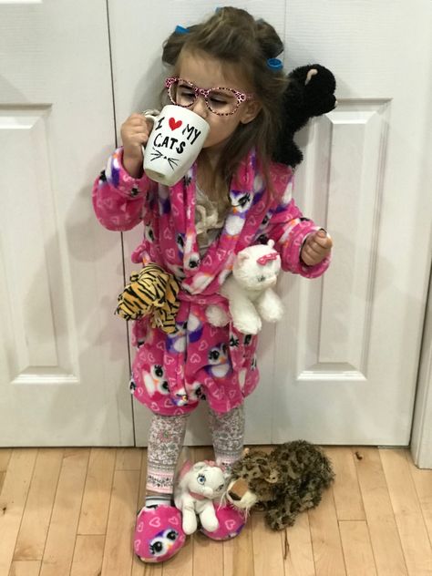 Super easy to put together. Goodwill supplied most of the kitties and the eye glasses (sunglasses; we popped the lenses out) I made the mug using a plain white cup and sharpies. My daughter already had the robe, slippers, and I owned hair rollers. Best part - everyone laughed their butts off! Super Kitties Costume, Crazy Cat Lady Halloween Costume, Old People Costume, Cat Lady Costume, Vet Costume, Crazy Cat Lady Costume, Freehand Crochet, Disney Halloween Decorations, Barbie Theme Party