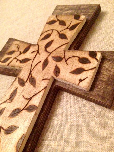 Double Wood Burned Cross - Made and Customized to Order Christian Pyrography, Cross Ideas, Woodburning Projects, Wood Burning Crafts, Cross Art, Wood Cross, Wood Burning Patterns, Wood Burning Art, Wood Crosses