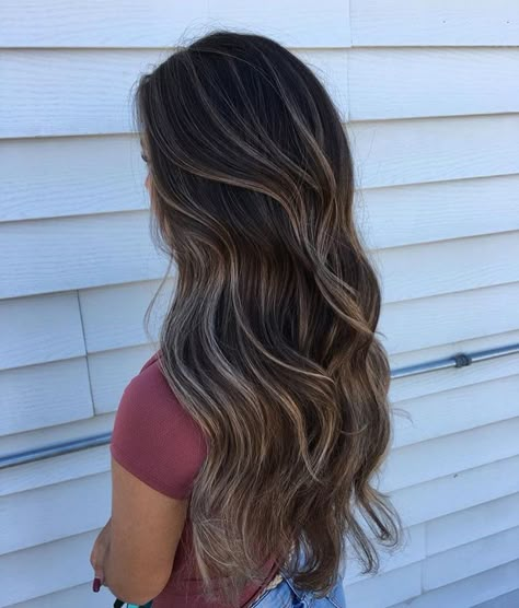 Balyage Long Hair Black Hair, Long Brown Hair With Highlights Balayage, Dark Hair W Highlights, Light Baylage Brunette, Long Dark Brown Hair Balayage, Balayage Hair On Brown Hair, Dark Hair Color Ideas For Summer, Dark Brown Hair With Face Framing Blonde, Brown Bolyoge Hair