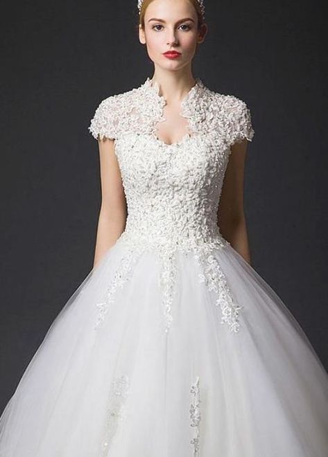 Magbridal Elegant Tulle Queen Anne Neckline Ball Gown Wedding Dress With Rhinestones Wedding Dress With Rhinestones, Wedding Dress Queen, Devonshire Cream, Floral Print Wedding Dress, Rhinestone Wedding Dress, Queen Wedding Dress, Queen Anne Neckline, Dress Queen, Dress With Rhinestones