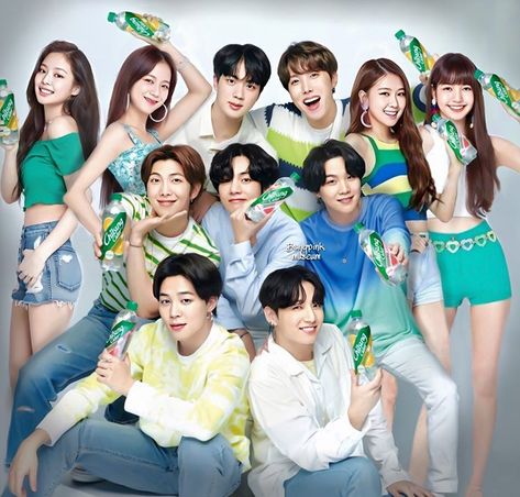 𝘽𝙏𝙎 🍒 𝘽𝙇𝘼𝘾𝙆𝙋𝙄𝙉𝙆 on Instagram: “BTS and BLACKPINK are the new models for Chilsung Cider 👀💚” Bts And Blackpink Logo Together, Chilsung Cider, Jungkook And Jin, Bts Group Photos, Bts Wallpaper Lyrics, Blackpink Wallpaper, Dara Kpop, Kpop Couples, Korean Couple