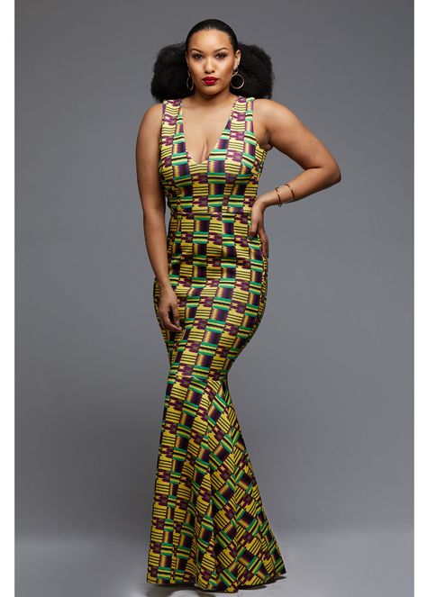 Zahra African Print V-Neck Formal Gown (Purple/Yellow Kente) Pants 2020, Modern African Clothing, Africa Outfits, Gown Purple, Kitenge Designs, Africa Style, African Styles, African Print Clothing, Kente Styles