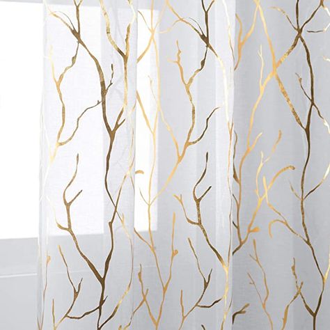 Branch Curtain Rods, Gold Tree Branches, Gray Sheer Curtains, Golden Curtains, Steampunk Bathroom, Bathroom Window Curtains, Kitchen Window Curtains, White Sheer Curtains, Gold Living Room